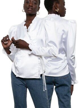 The Frankie Shop Romantic Satin-Feel Ruffle Wrap Puff Long-Sleeve Blouse (White)